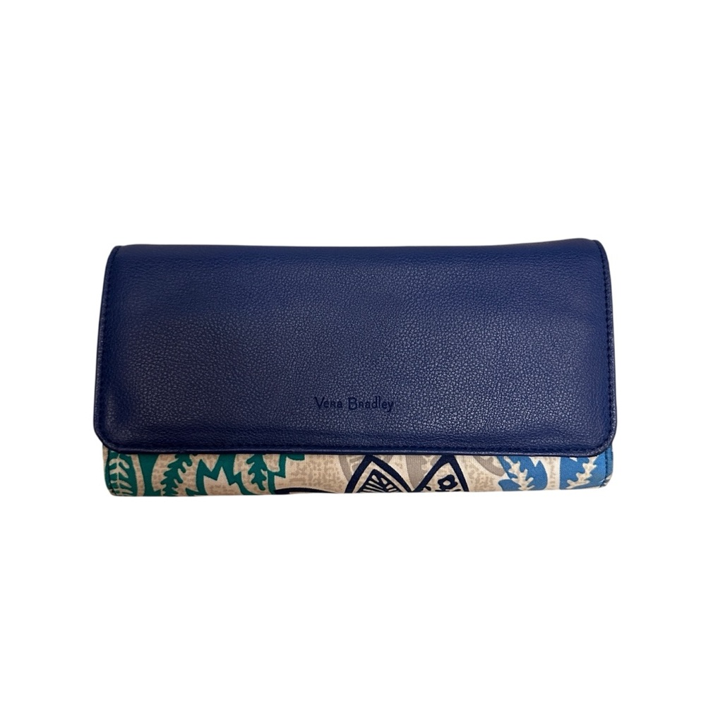 Vera Bradley Blue Leather Floral Fabric Long Accordion Snap Wallet